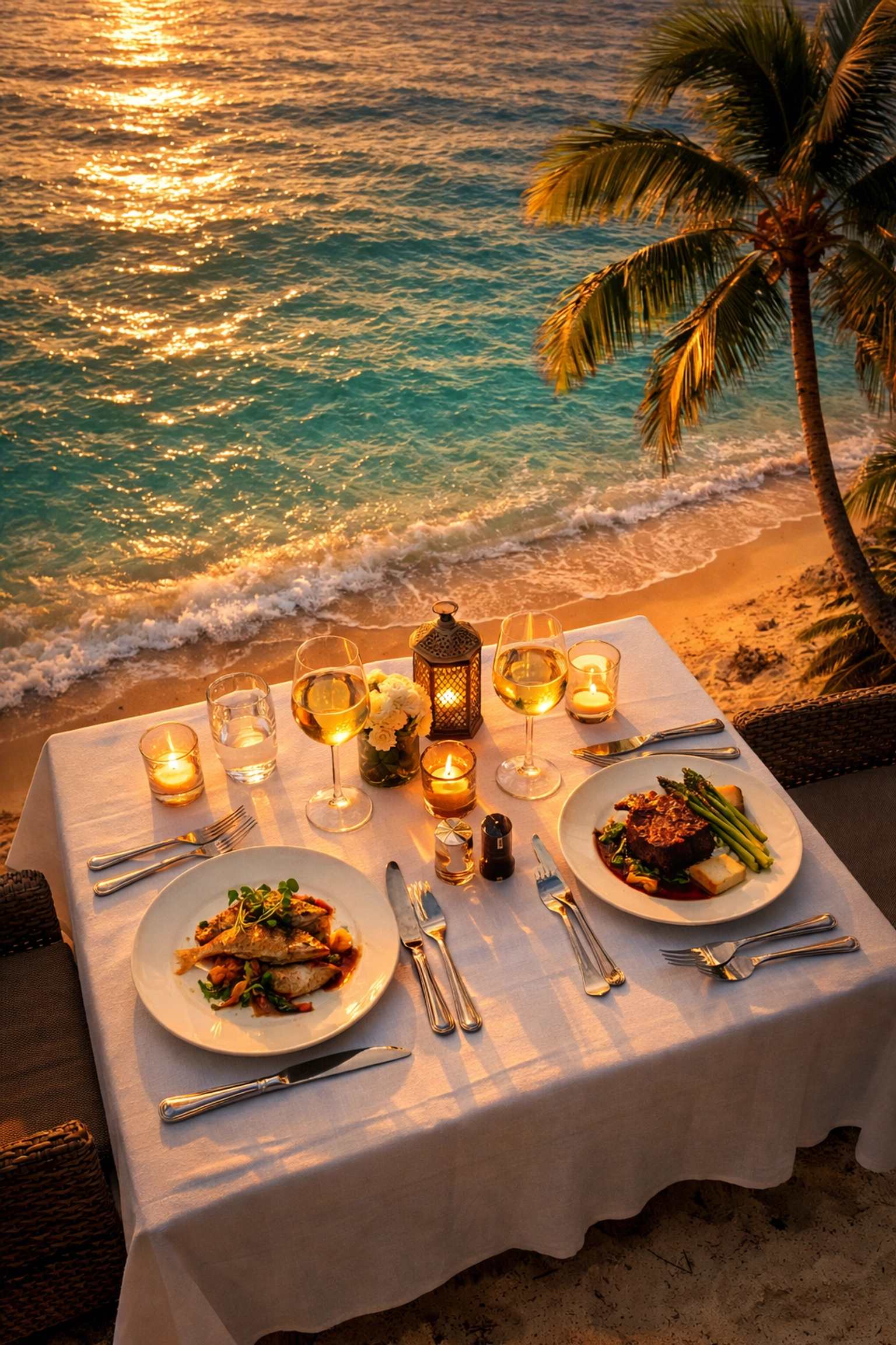 Romantic beachfront dinner for two at Sandals all-inclusive Caribbean resort at sunset