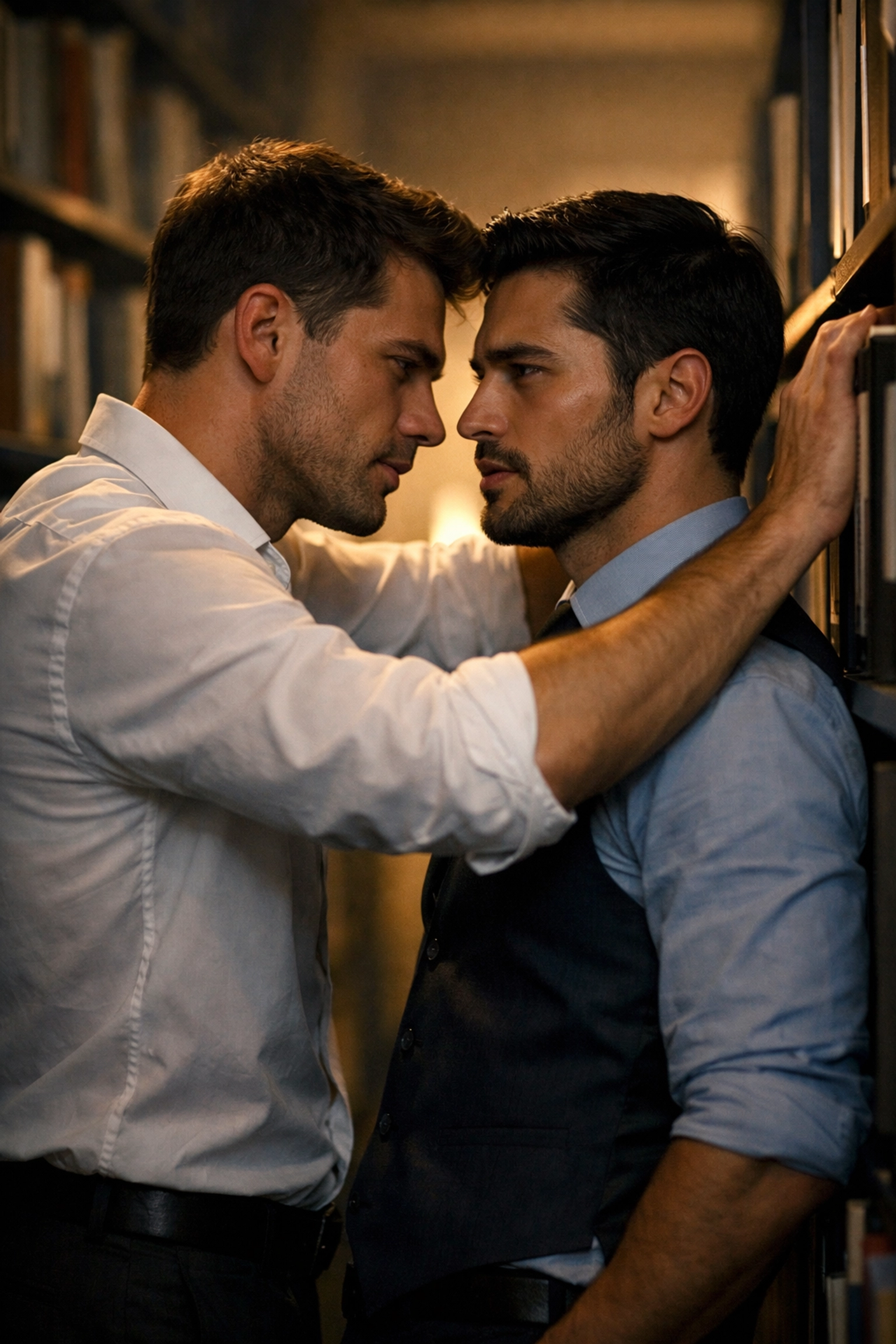 Two professional men sharing intense romantic eye contact in a scene from gay workplace romance ebooks.