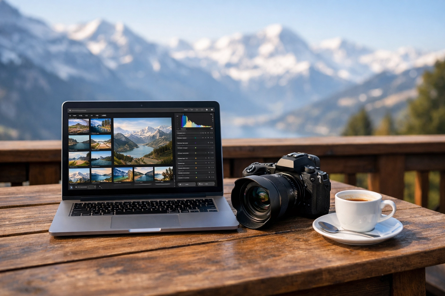 Editing travel photography on a professional laptop workspace with a view of the Swiss Alps.