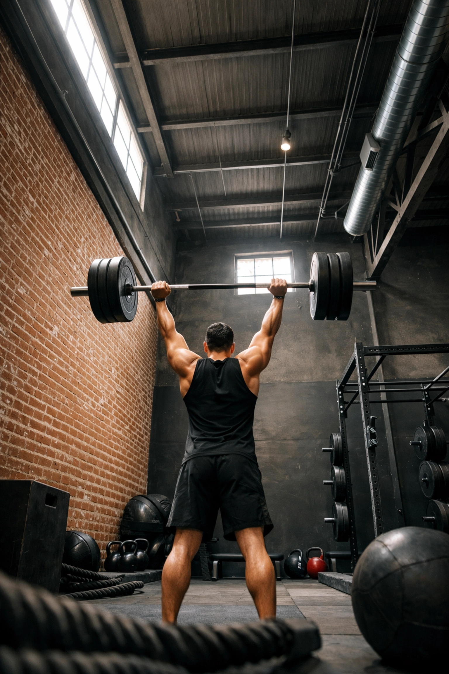 Athlete performing overhead press in a high-ceiling home gym with floor to ceiling equipment.
