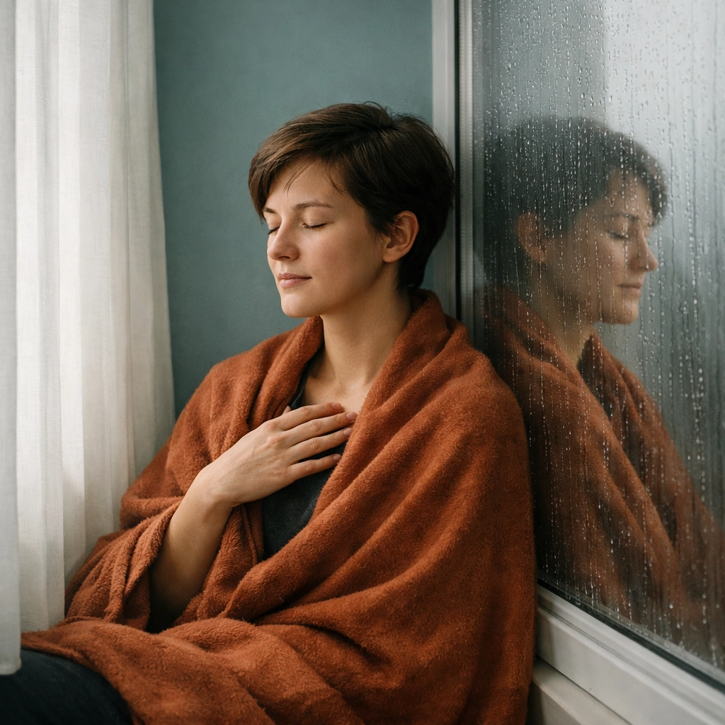 Person in quiet reflection by a window, processing grief and the emotional cost of survival