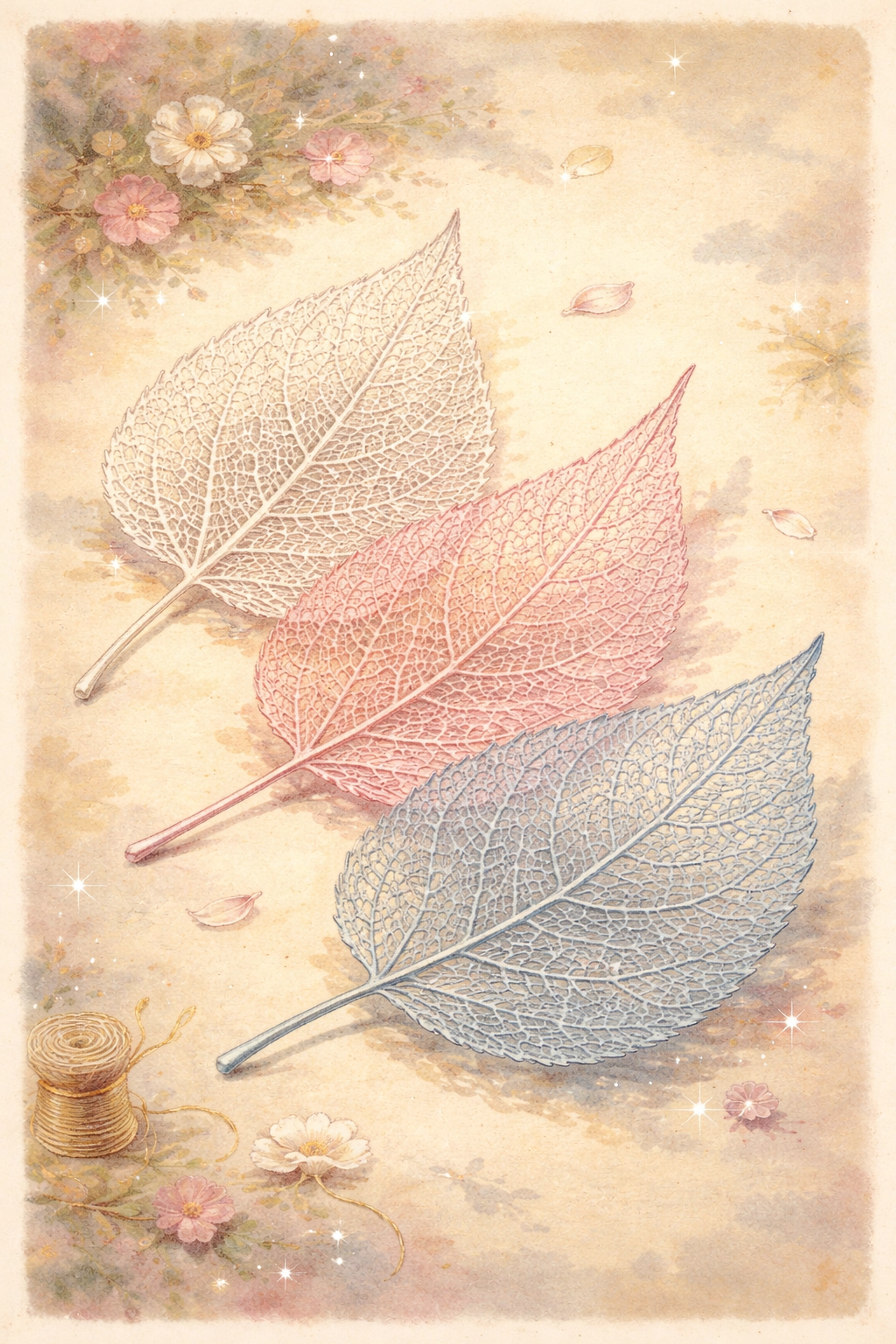 Three colorful leaf skeletons displayed on paper, highlighting their delicate veins and DIY science craft results.