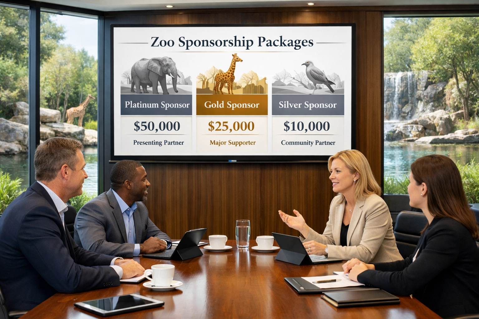 Corporate partnership meeting at zoo facility discussing sponsorship tiers and marketing strategy