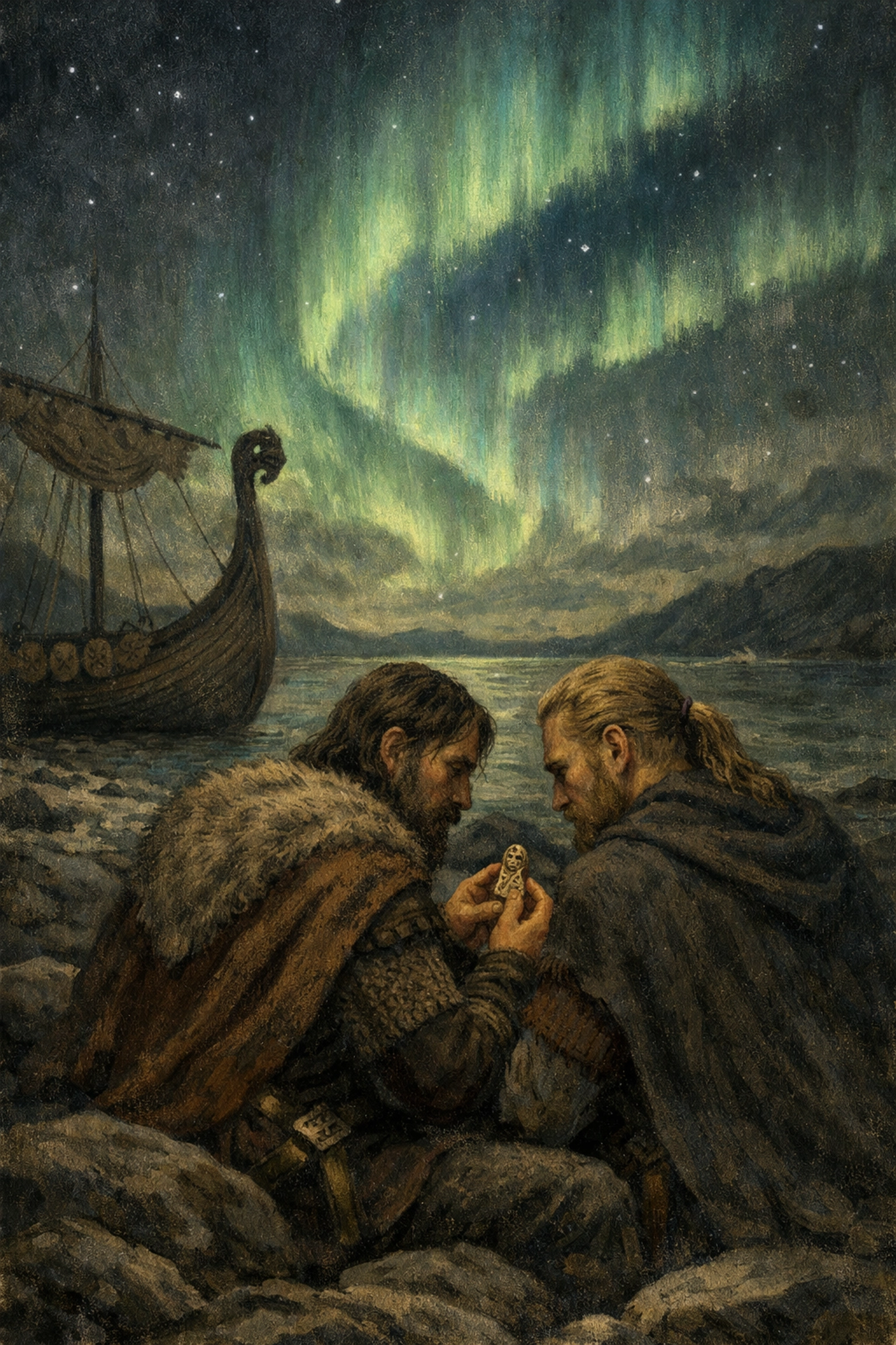 Viking shield-brothers under Northern Lights sharing a carved gift