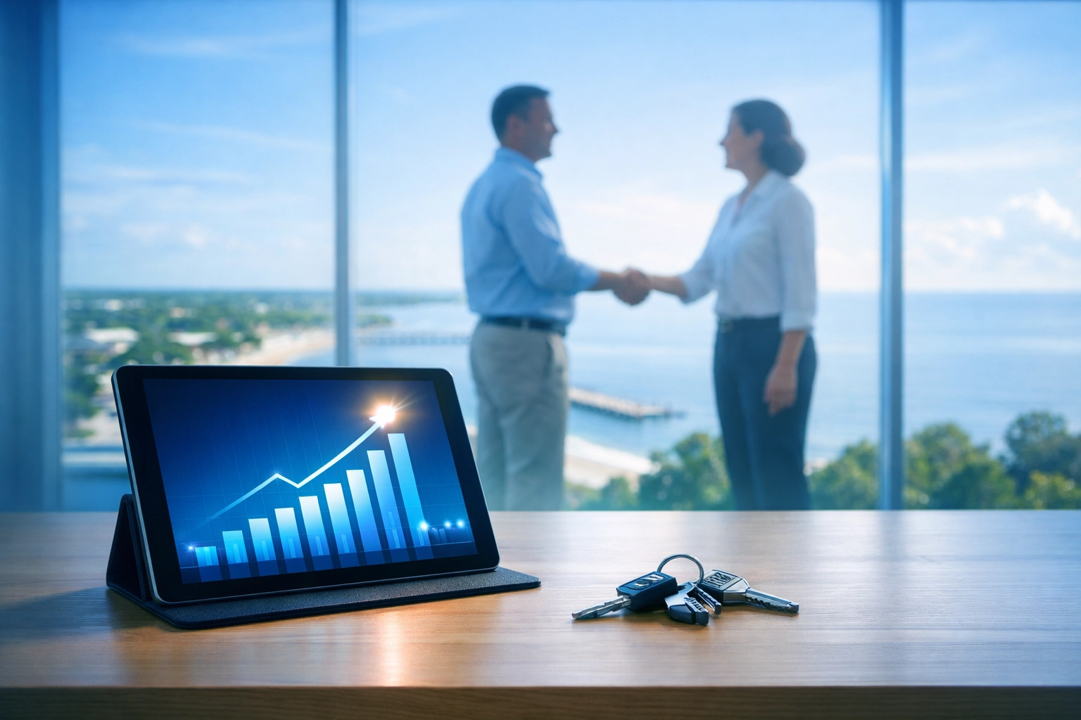 Professional handshake in a coastal office symbolizing a successful Mississippi business exit and sale.