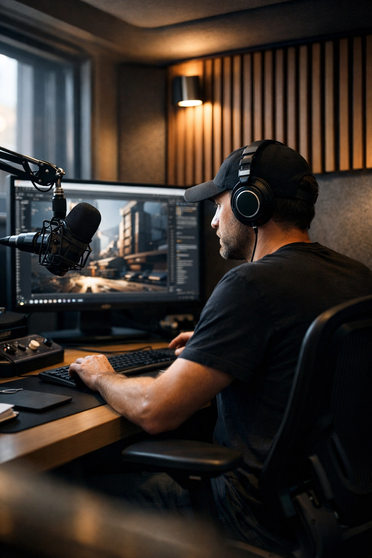 Content creator editing 3D graphics in a specialized media production pod designed for modern creative careers.