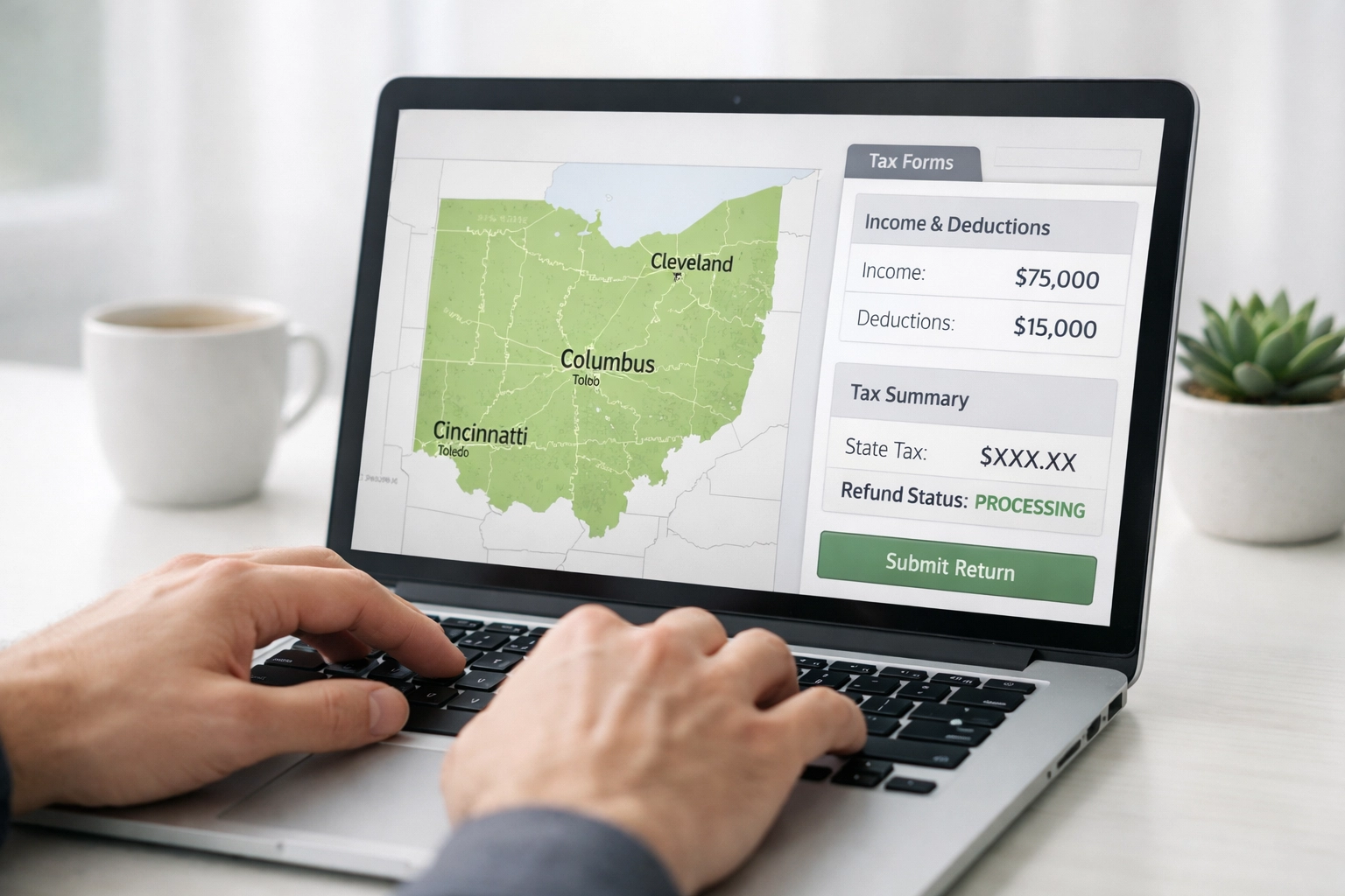 Tax preparer working on Ohio state returns using specialized tax software