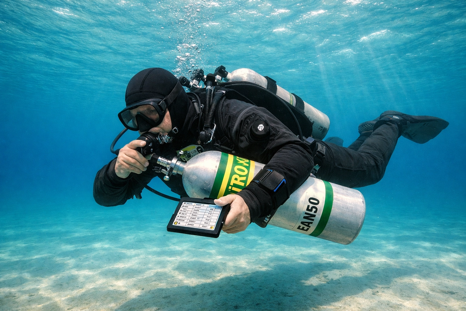 Technischer Taucher beim Gaswechsel während Dekostopp prüft Arm-Slate mit Dekoplan
