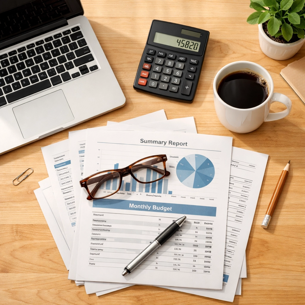 Organized home office desk with loan signing documents, laptop, and calculator ready for homebuyers