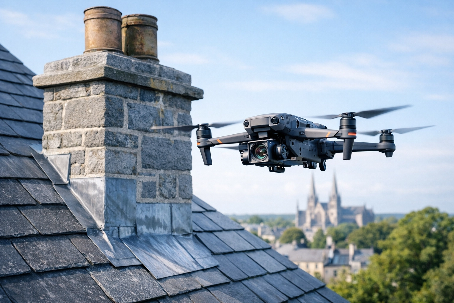 Professional drone conducting a roof survey in Armagh to inspect slates and chimney stacks.