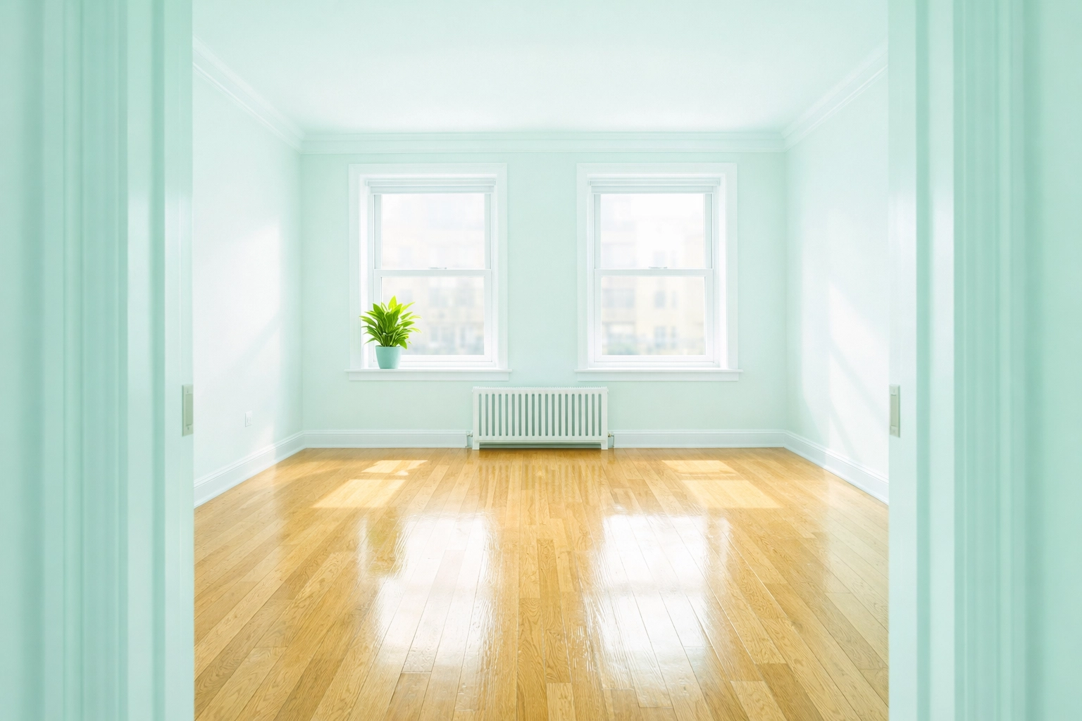 Sunlit empty apartment living room after a professional move out cleaning in Waterloo, IA.
