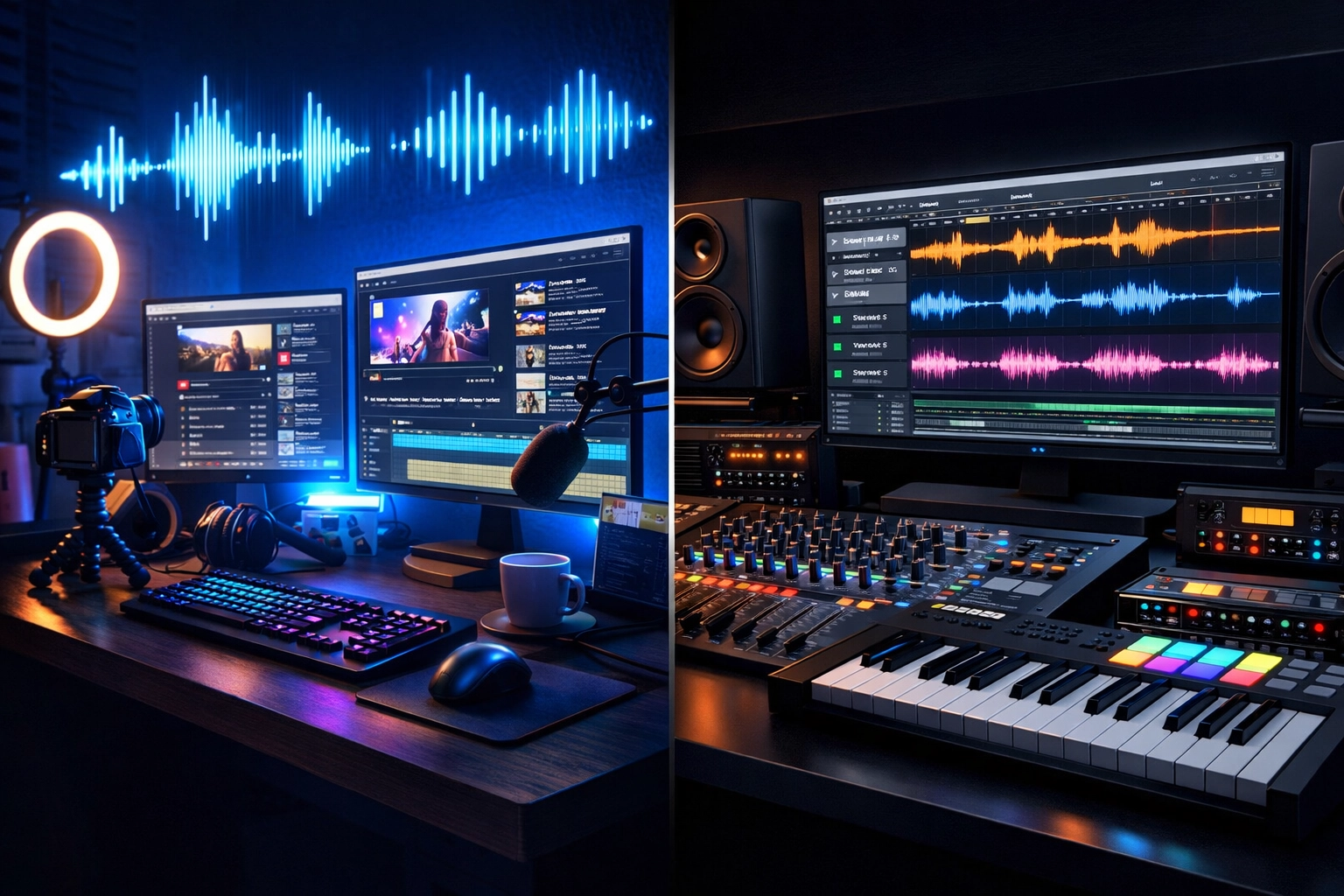 Content creator desk versus professional music producer studio setup for AI-generated music