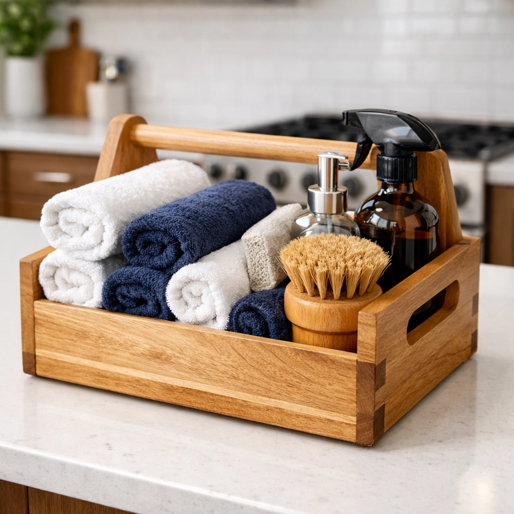 Organized cleaning caddy and microfiber cloths for professional weekly house cleaning in Leominster MA.