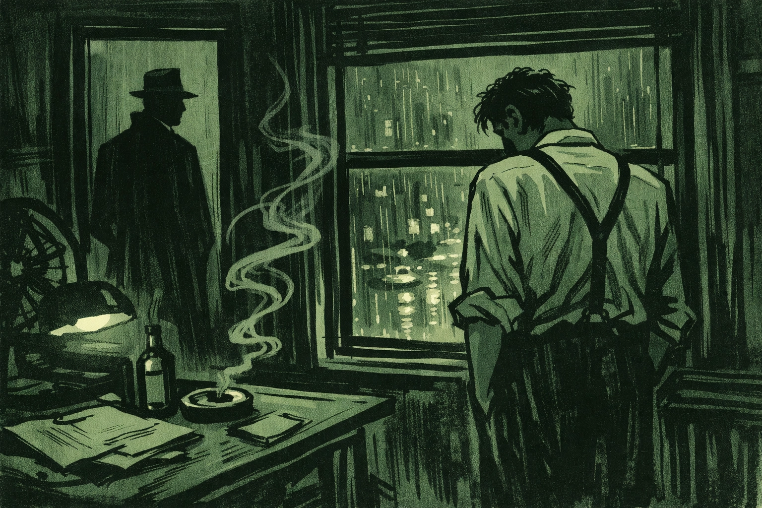 Weary detective at office window at night as man appears in doorway - gay noir romance obsession