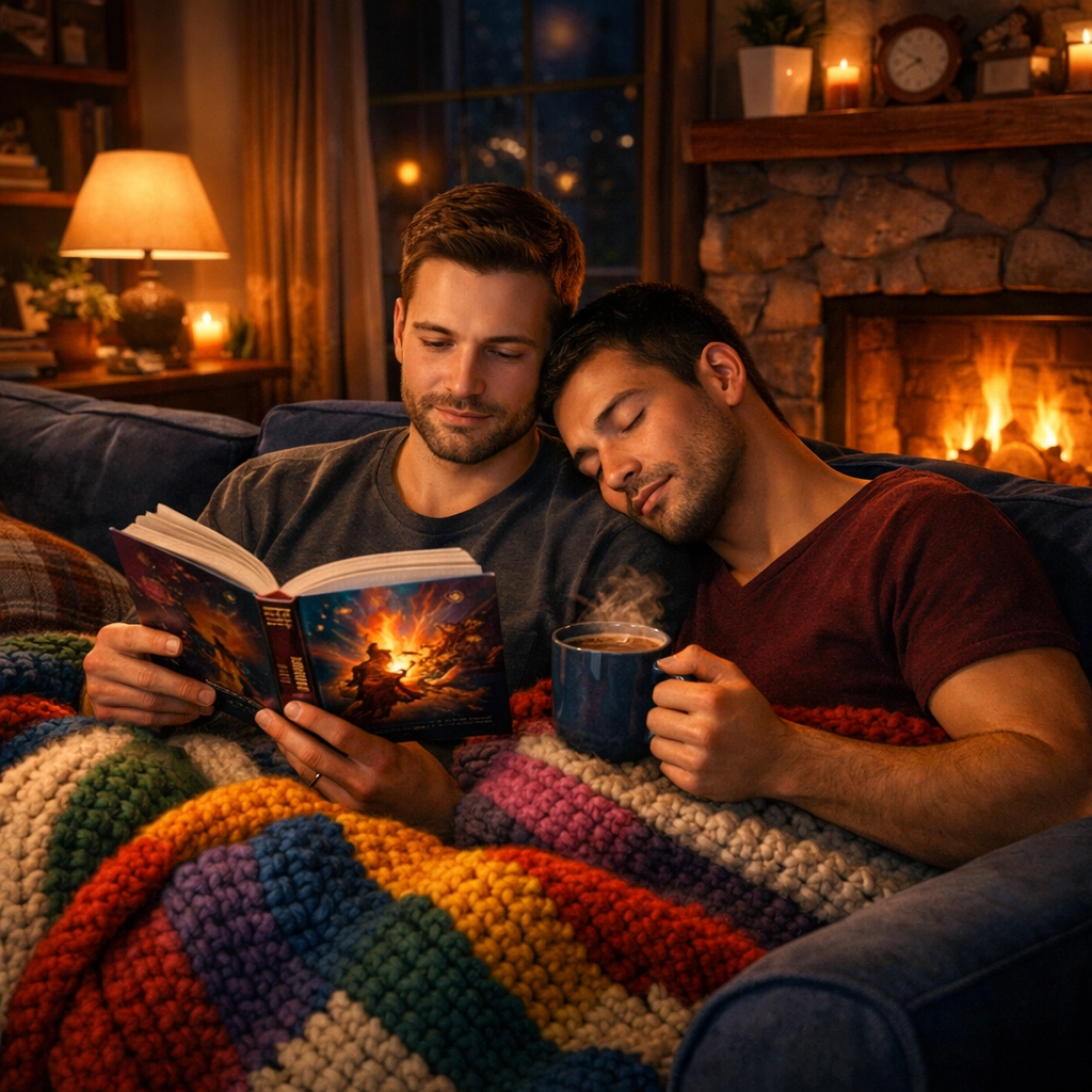 A gay couple enjoys a peaceful moment reading an MM romance book together by a warm fireplace.