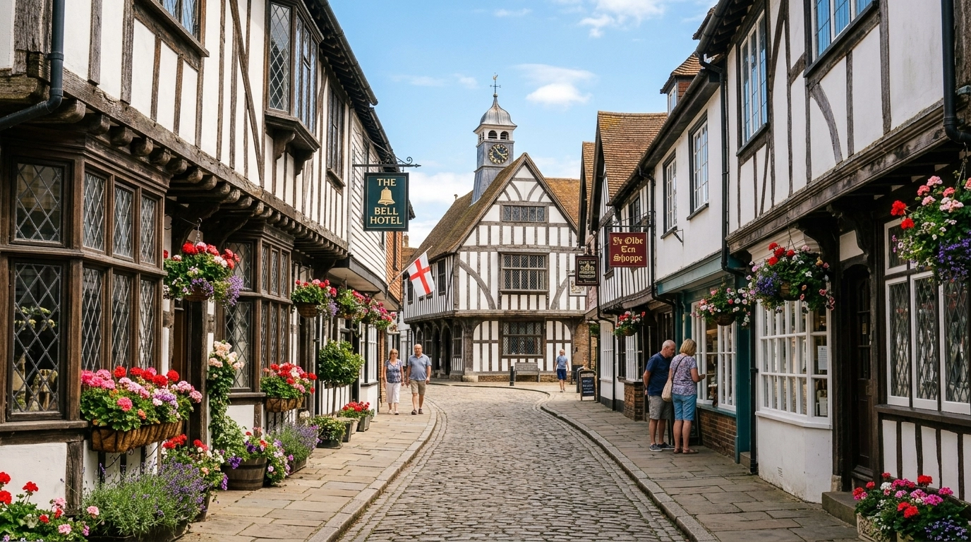 A picturesque street in the medieval town of Sandwich, Kent, with timber-framed houses and the Guildhall.