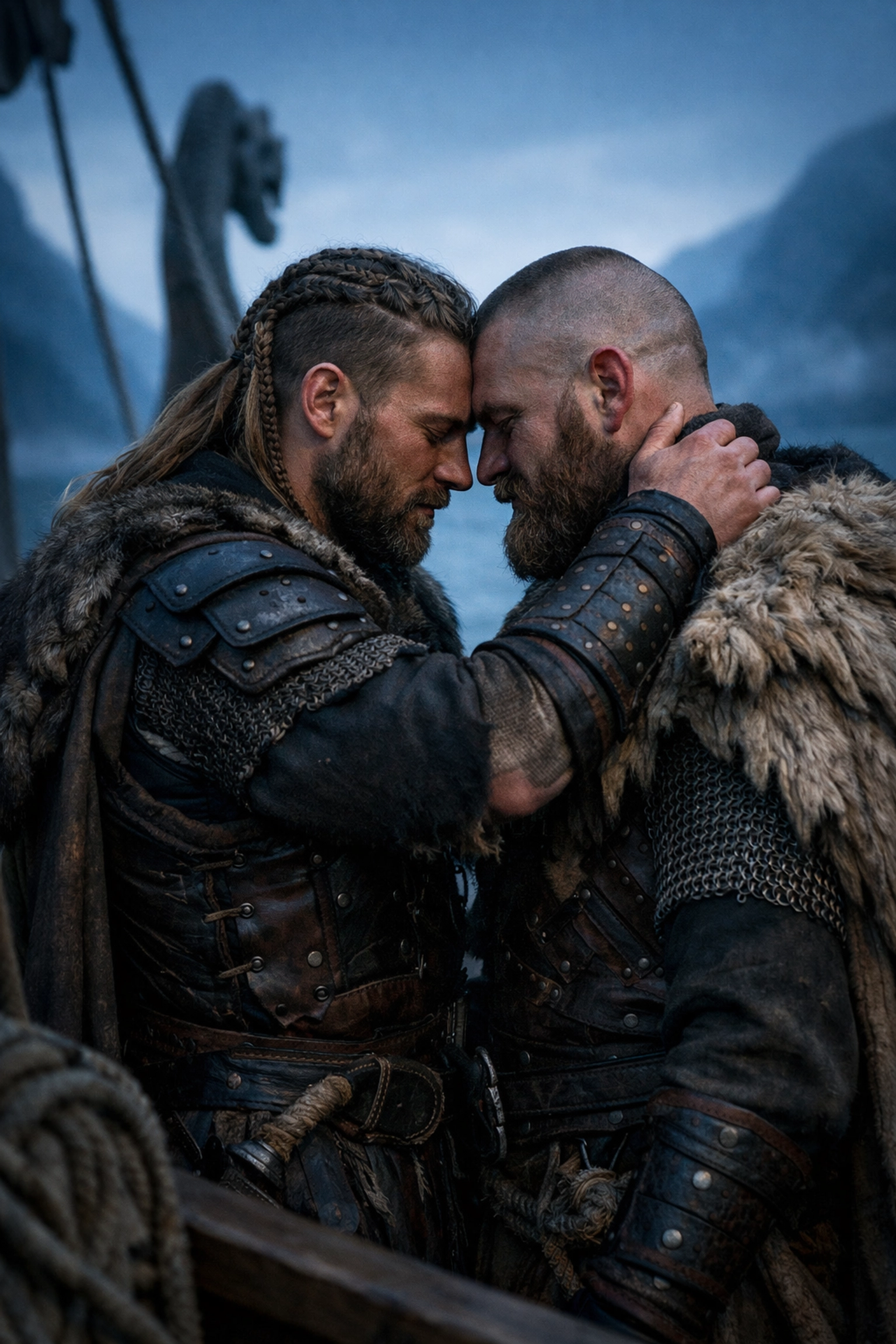 Two Viking warriors in Norse armor share an intimate moment on a ship, illustrating historical MM romance.