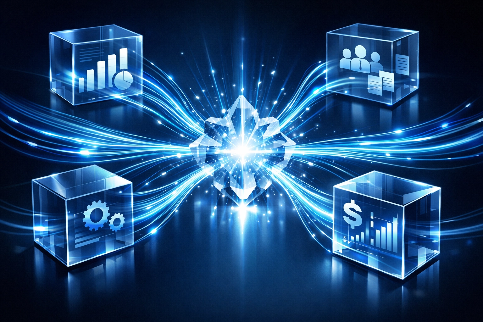 Unified digital workspace connecting business silos through integrated AI workflow automation systems.