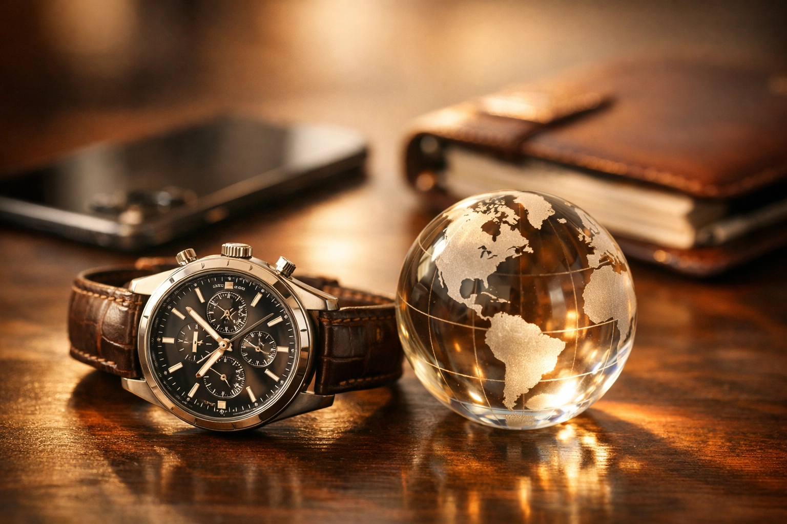 A globe and luxury watch illustrating global reach and strategic timing in international investigations.