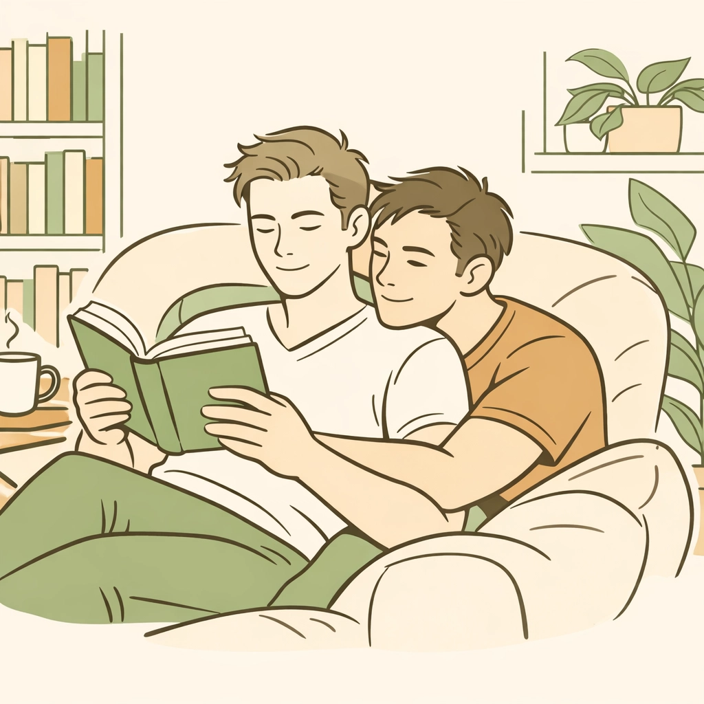 Two men reading gay fiction together, emphasizing representation in MM romance books.
