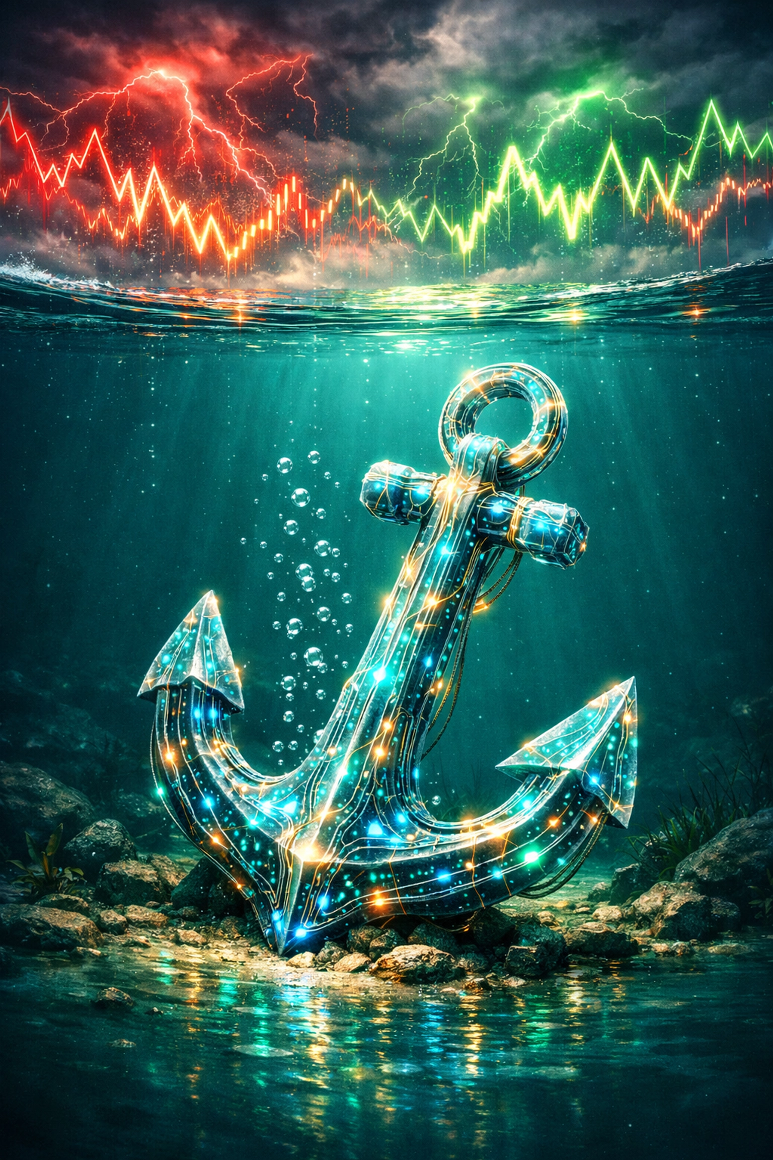 A secure digital anchor representing stablecoin security and price stability against market volatility.