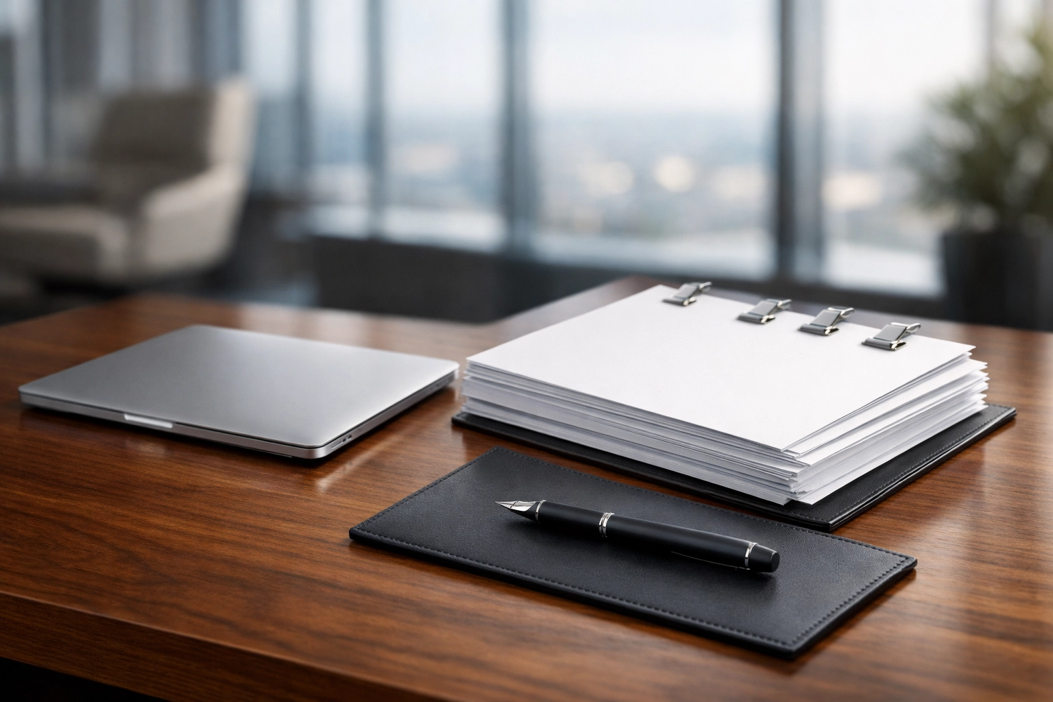 Organized office desk with folders representing clean financial records for a property management business sale.
