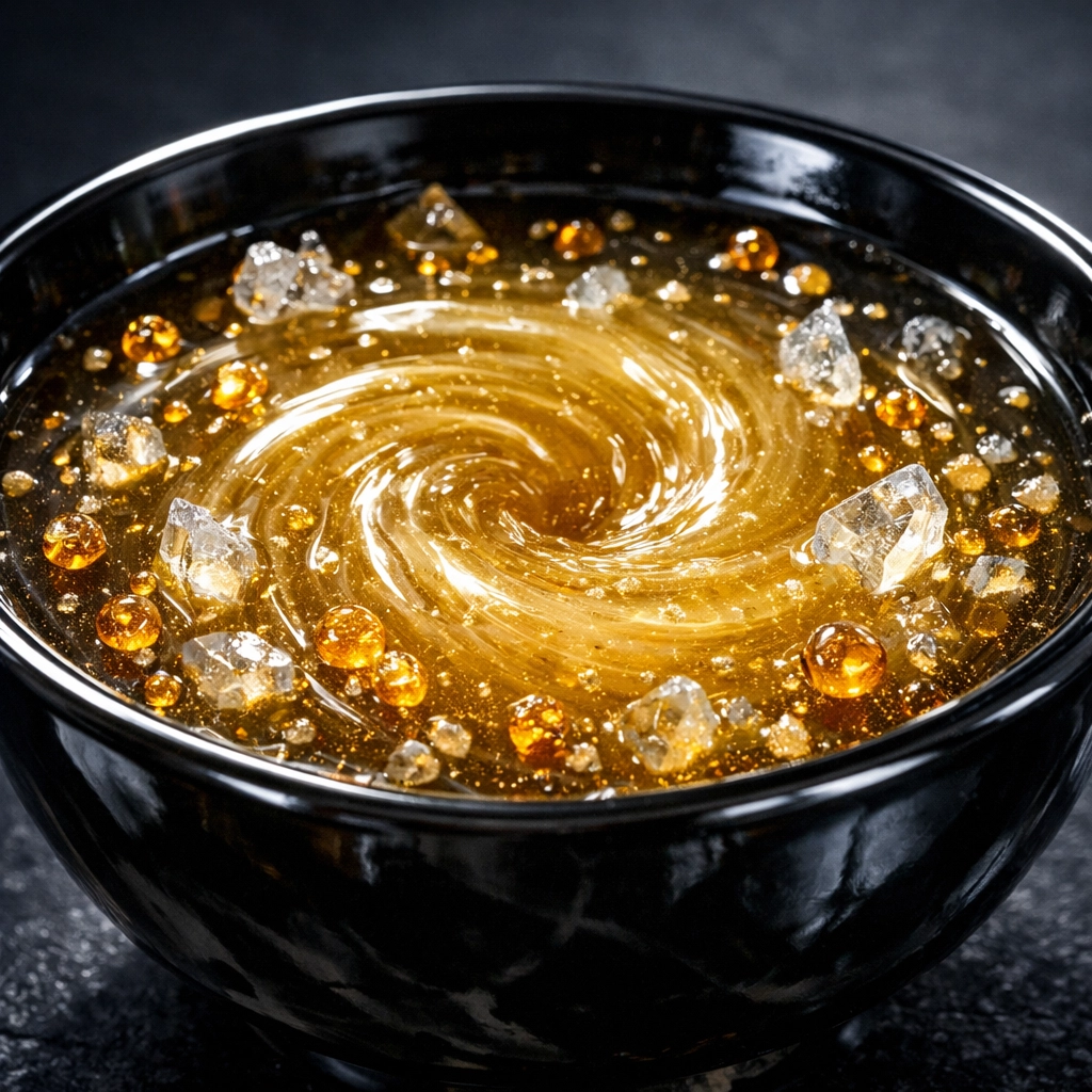 Close-up of golden bone broth highlighting suspended minerals and high nutrient density.