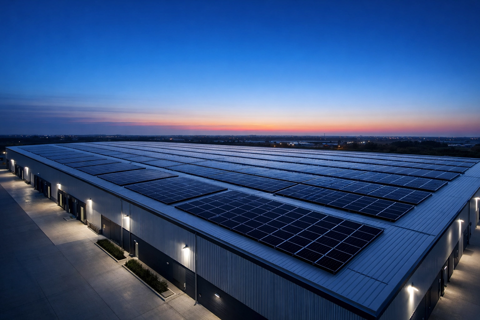 Commercial warehouse with large-scale solar panel installation on flat roof at dusk