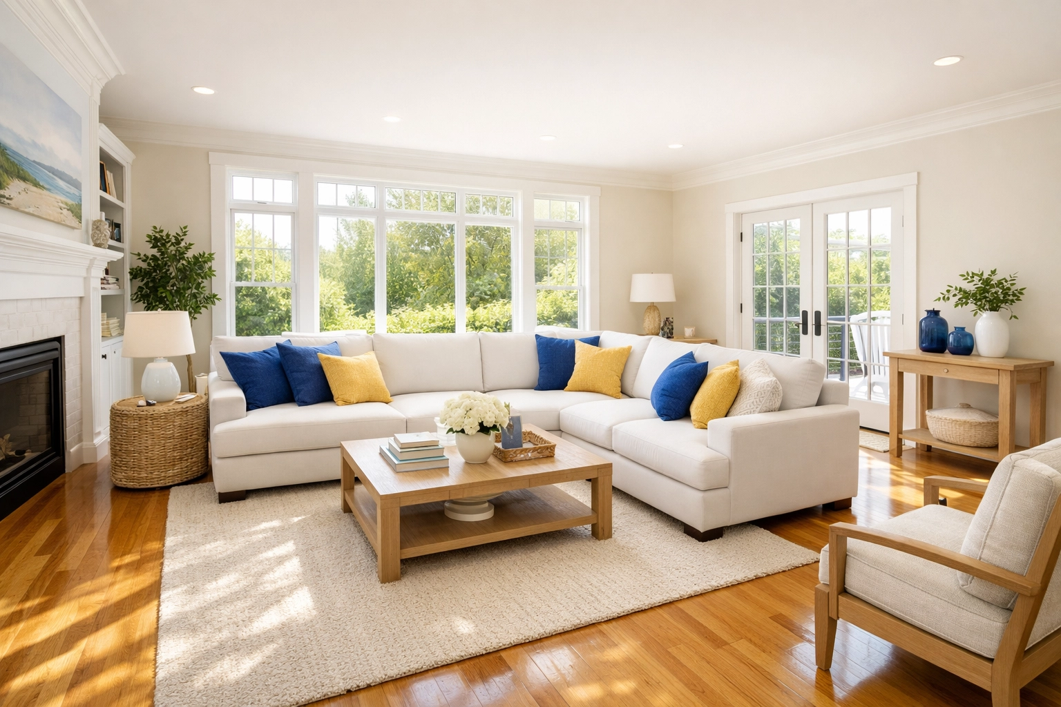 Spotless Medfield living room with gleaming hardwood floors after a professional weekly house cleaning service.