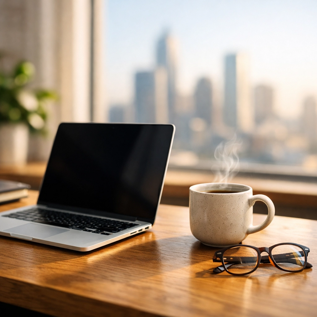 Minimalist home office desk showing the freedom and control gained through small business workflow automation.