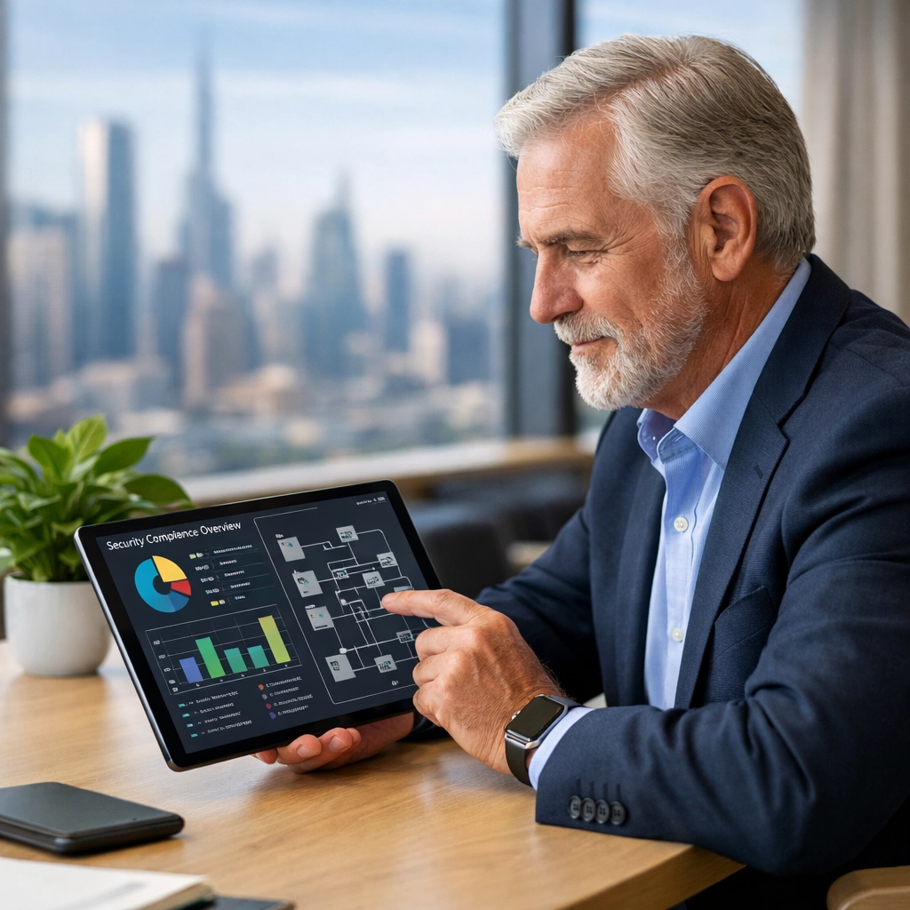 IT consultant reviewing DORA compliance and security charts via ServiceNow consulting services.