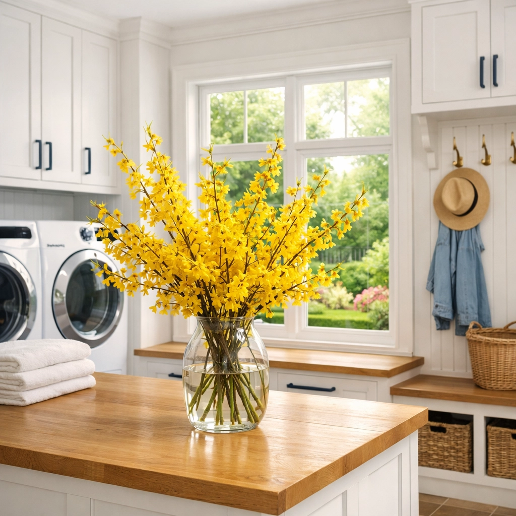 Eco-friendly luxury cleaning in a bright Lexington mudroom featuring white cabinets and garden views.