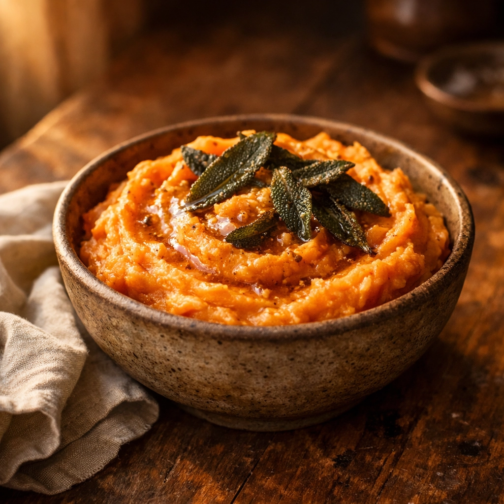 Whipped sweet potatoes with brown butter and crispy sage leaves in rustic bowl