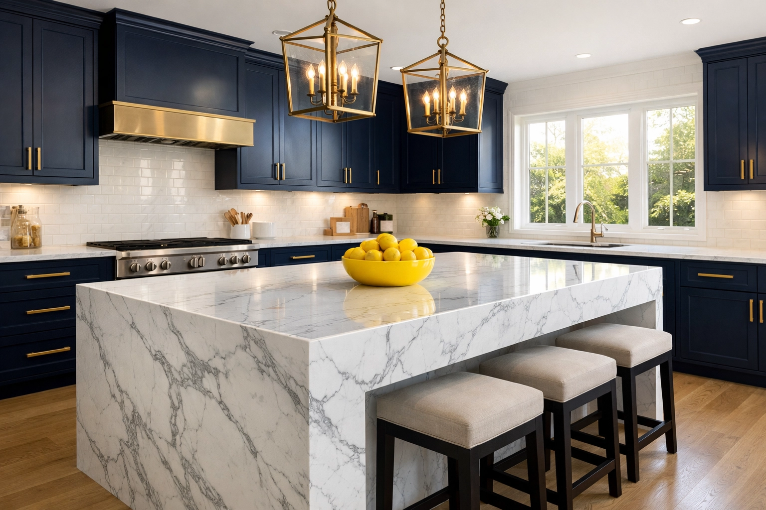 Spotless luxury Westwood kitchen featuring a white marble island cleaned by professional cleaners.
