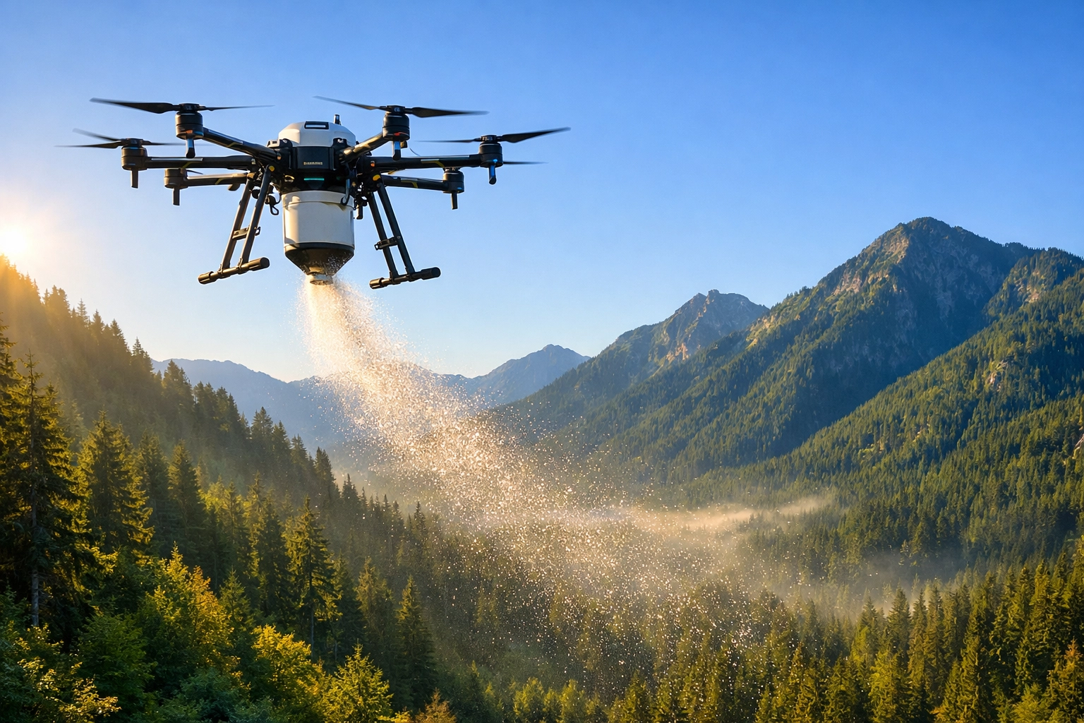Drone ashes scattering over a mountain valley, illustrating a peaceful and eco-friendly aerial memorial service.