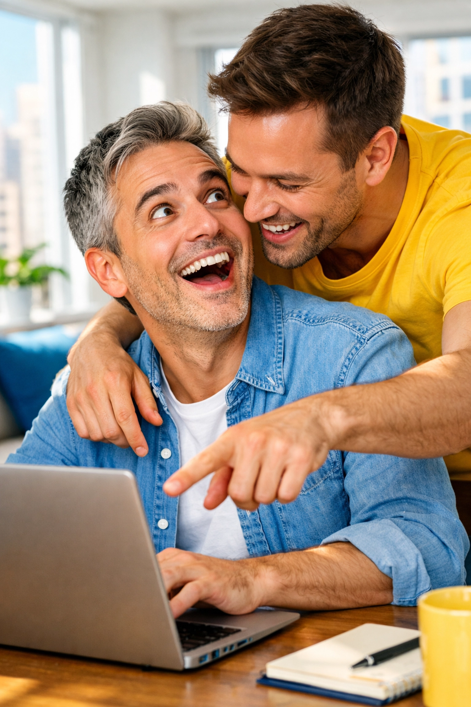 Two men in a modern apartment sharing a joyful moment of discovery in a contemporary bisexual awakening MM romance.