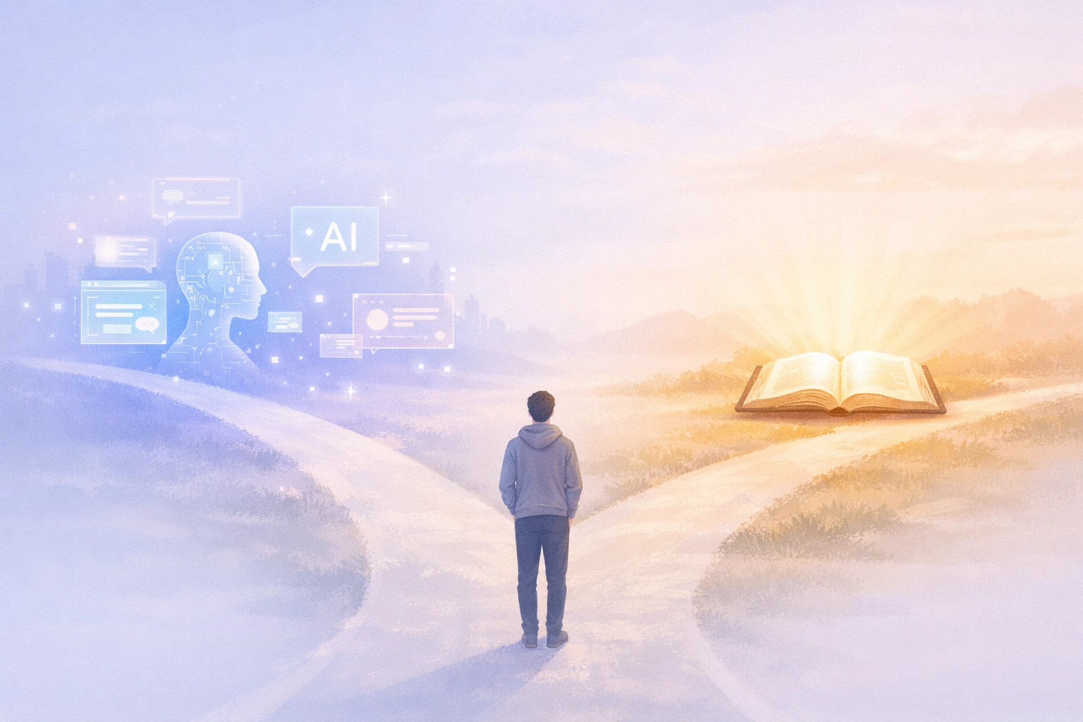 Person choosing between digital screens and Bible at crossroads representing faith-based digital discernment