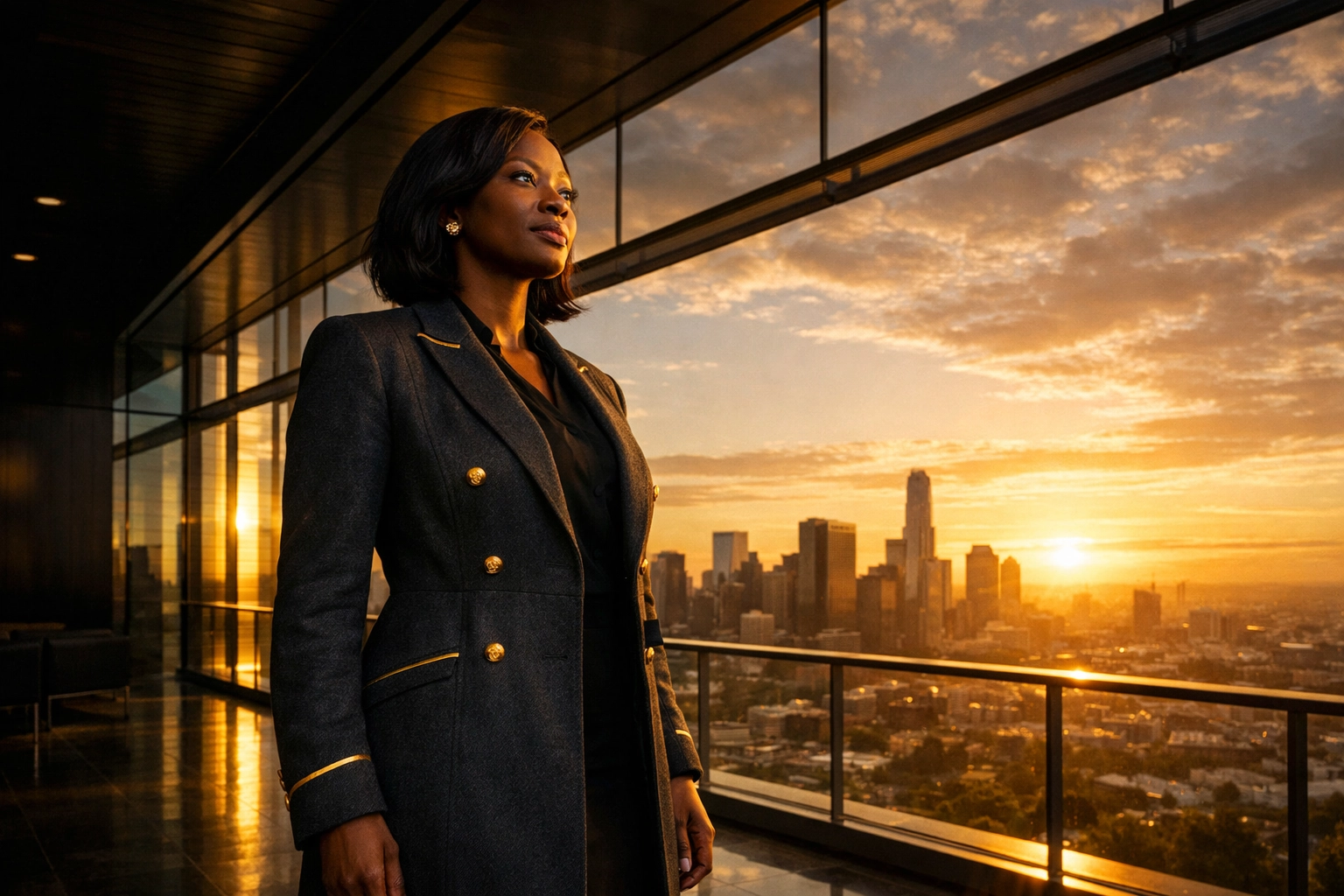 Visionary Black woman executive overlooking a city skyline, illustrating representation and sustainable growth.