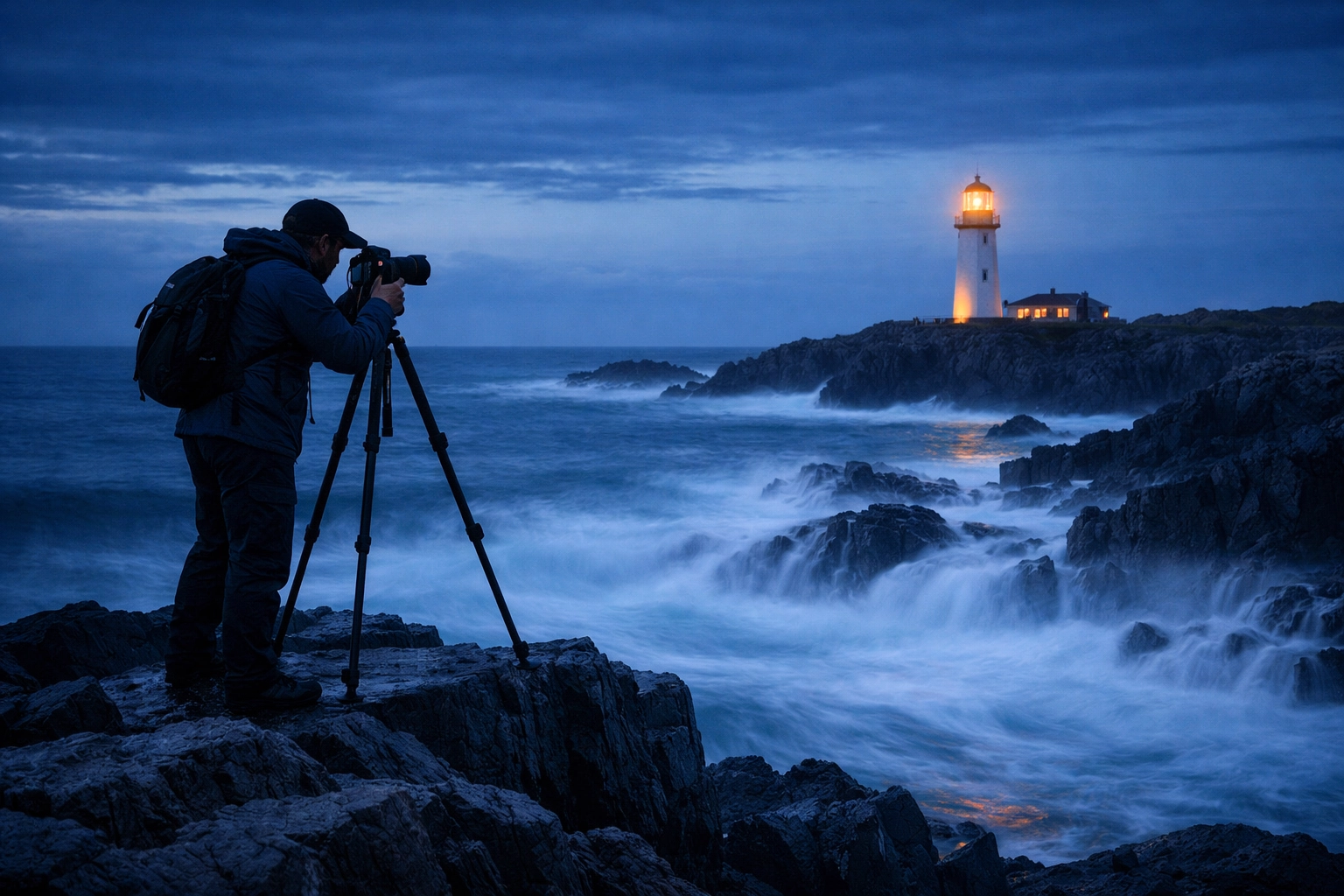 Landscape photographer using a tripod and manual mode to capture a long exposure of the ocean.