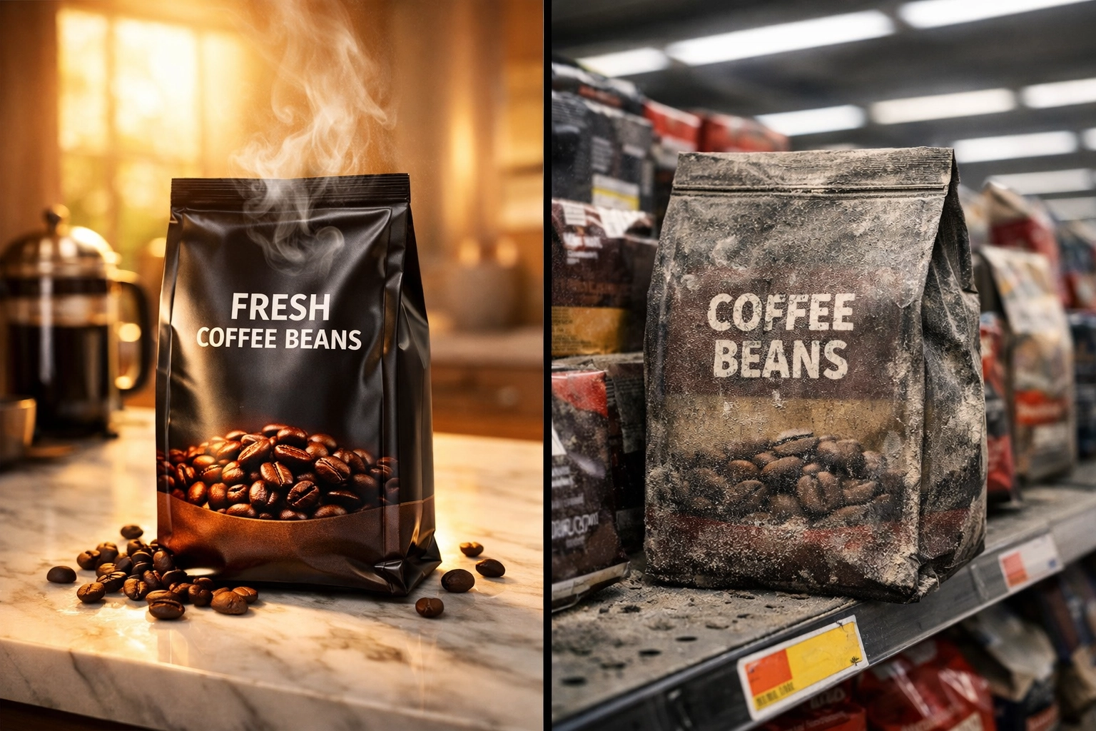 Fresh-roasted coffee beans vs stale store-bought coffee comparison showing quality difference