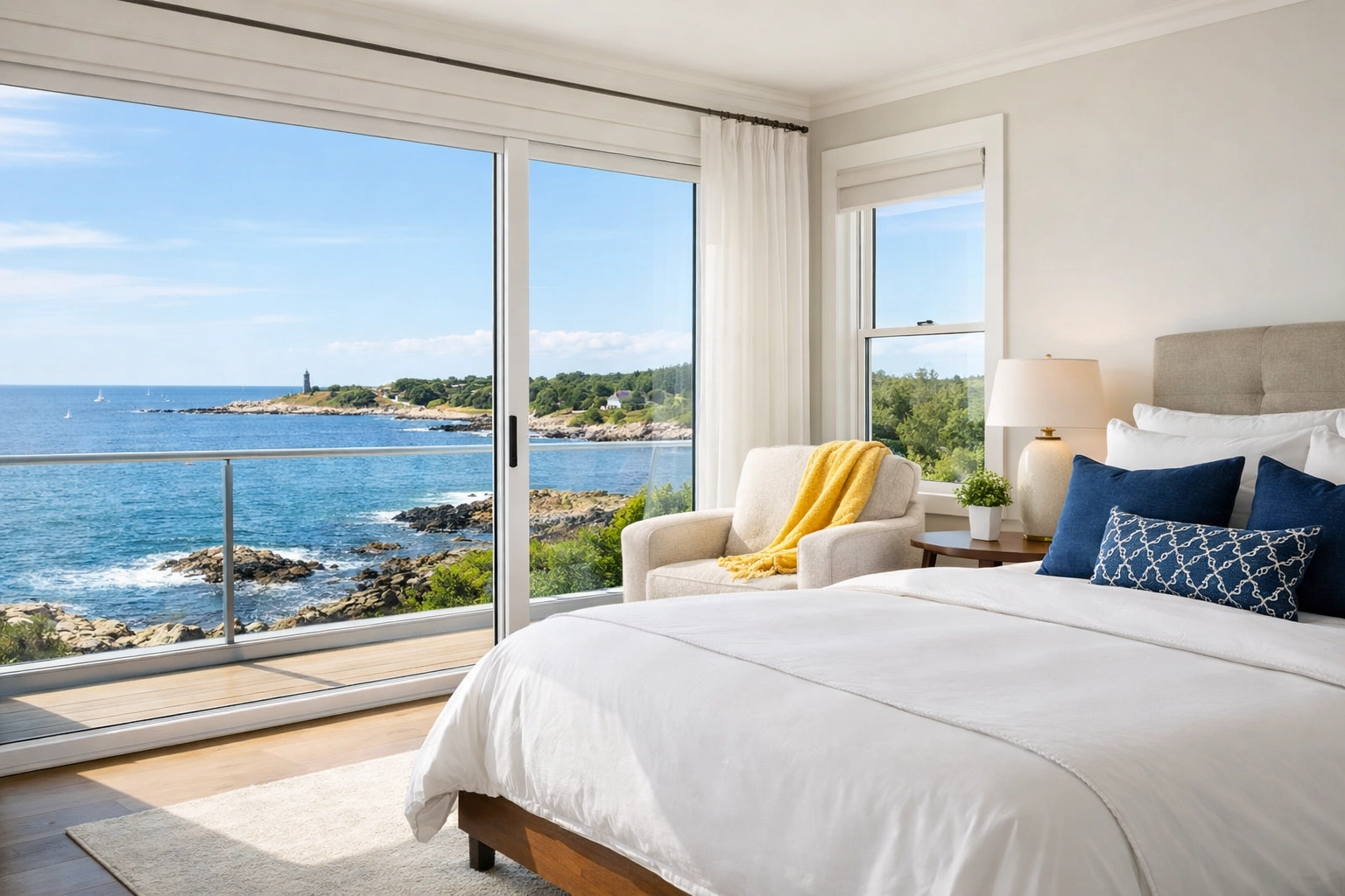 Spotless luxury master bedroom in Marblehead reflecting high-end professional cleaning standards.
