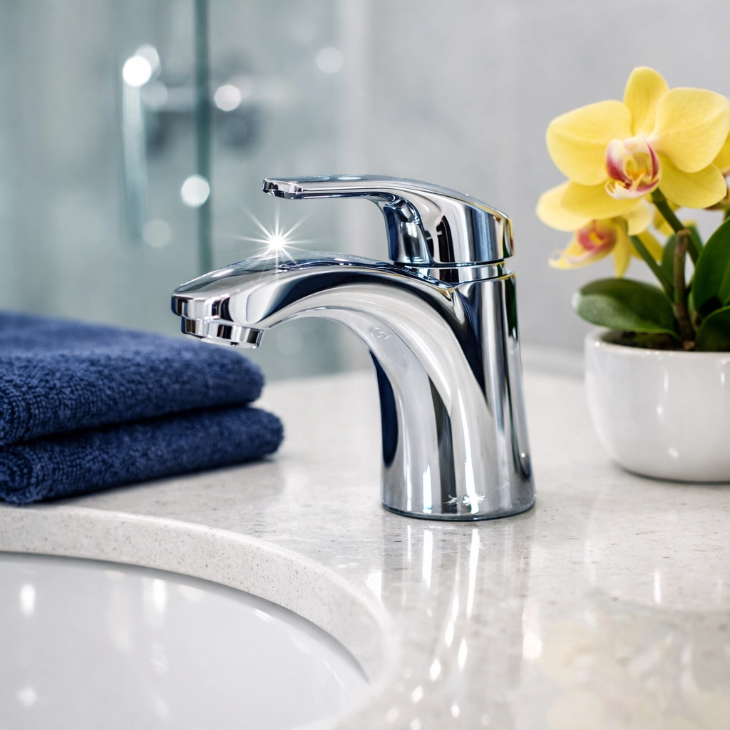 Detail of a sparkling bathroom faucet and counter after deep cleaning Worcester.