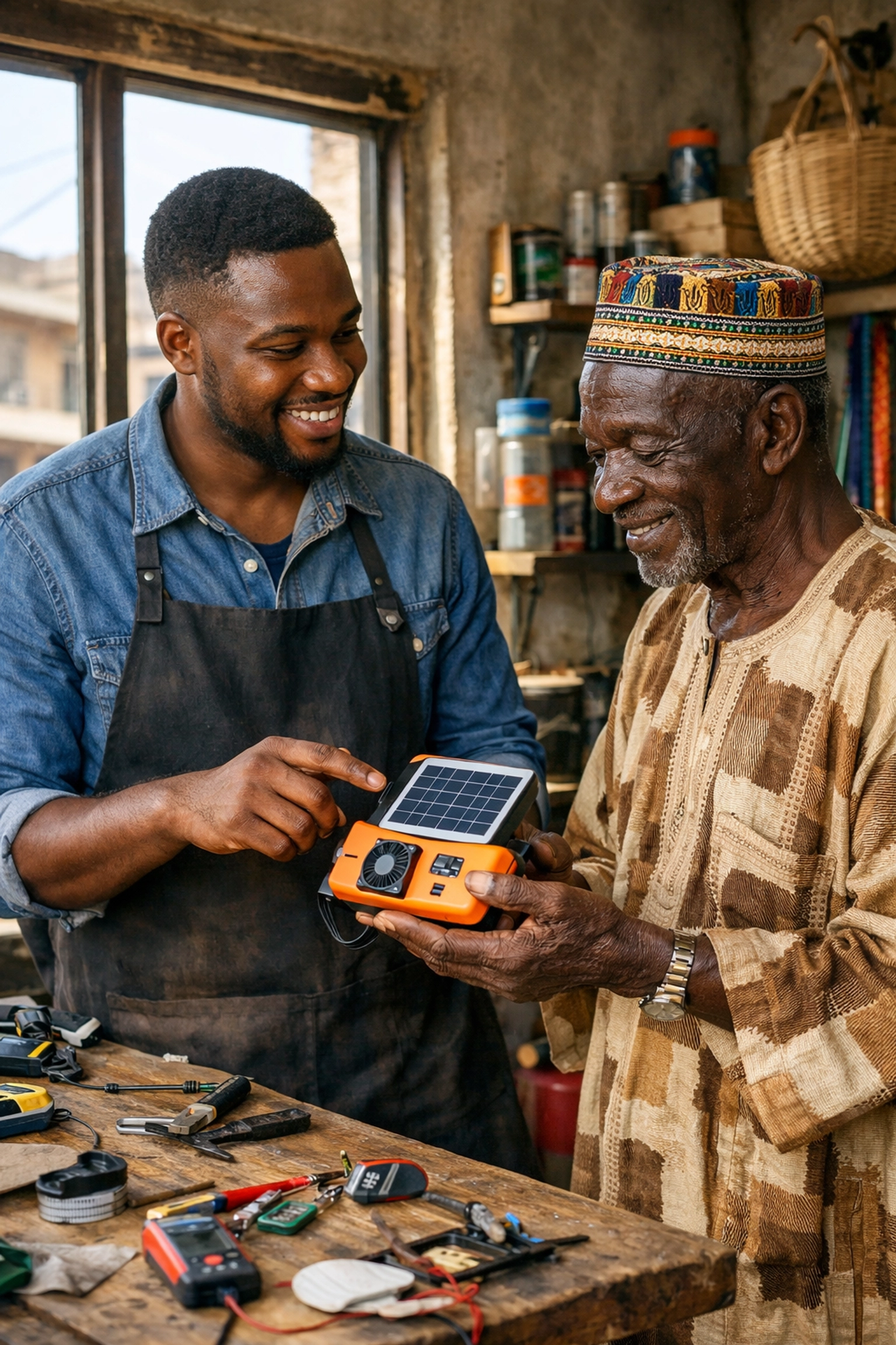 An African entrepreneur sharing a solar innovation with an elder for local community development.