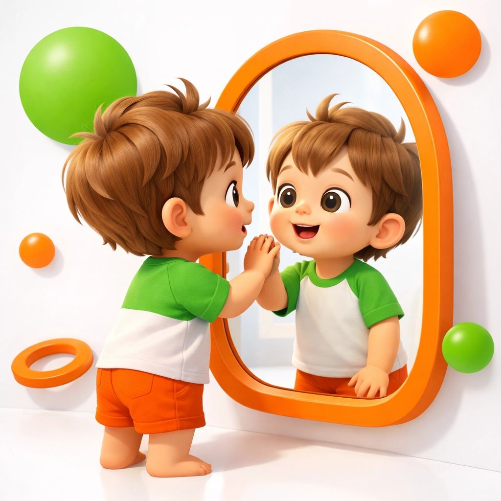 Young child developing self-awareness by recognizing themselves in mirror reflection