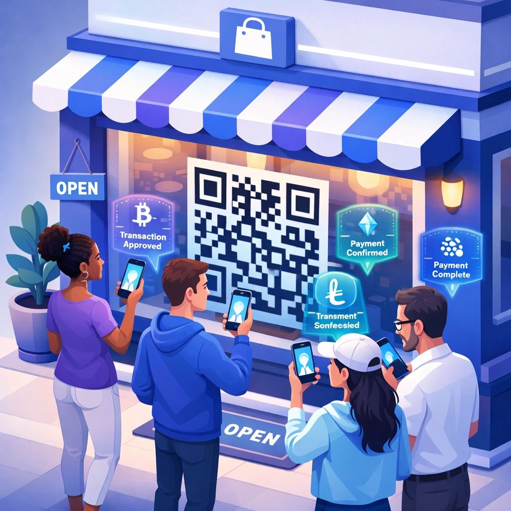 Small business customers scanning QR code to make crypto payments at merchant storefront