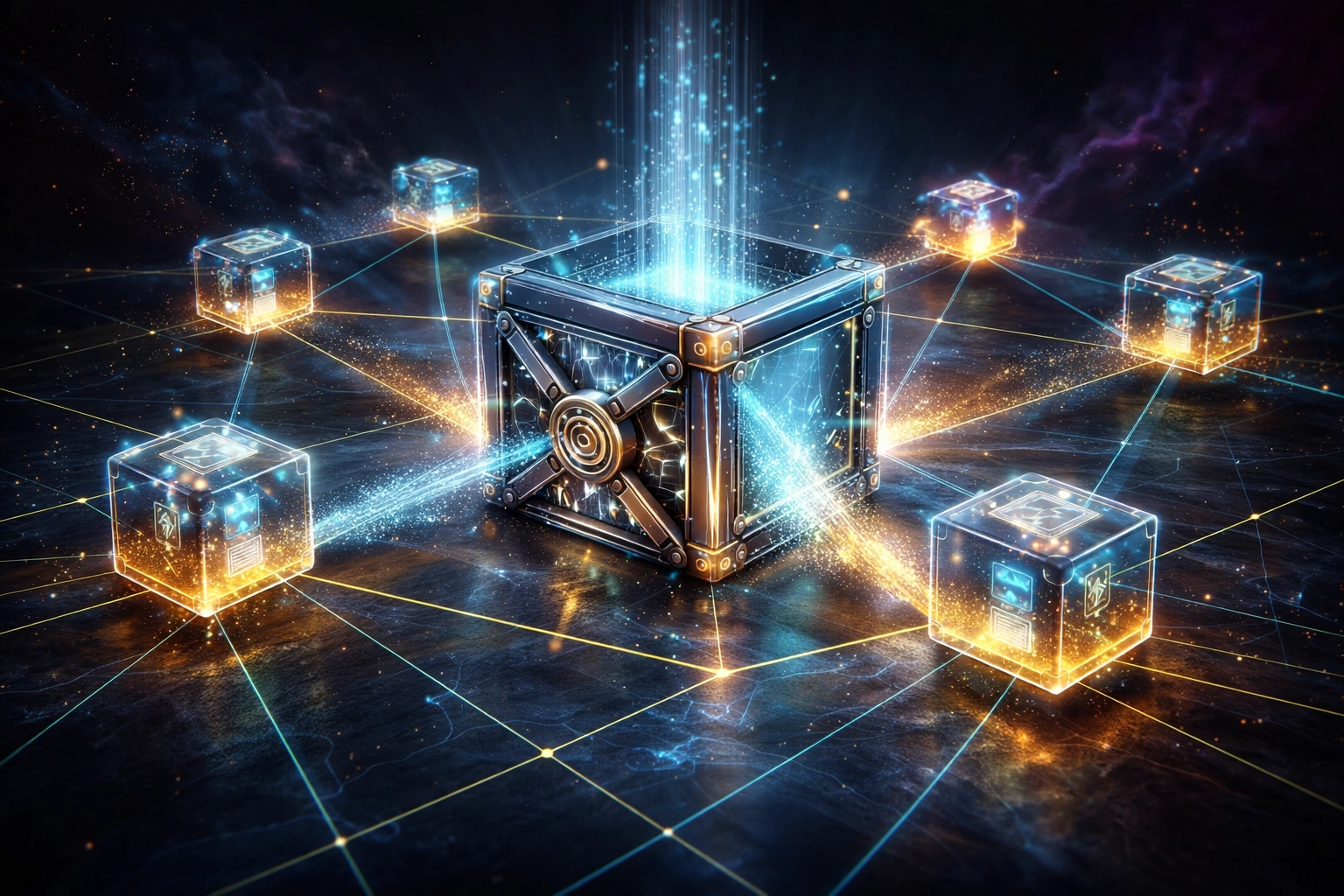 Glowing blockchain network showing secure self-custody crypto wallets in a futuristic payments ecosystem