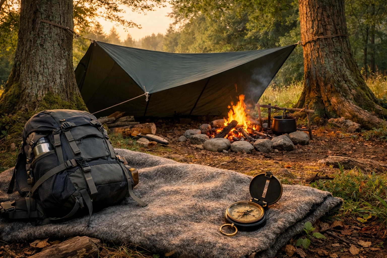 A traditional bushcraft tarp shelter set up in a peaceful forest clearing for a wild camping guided UK trip.