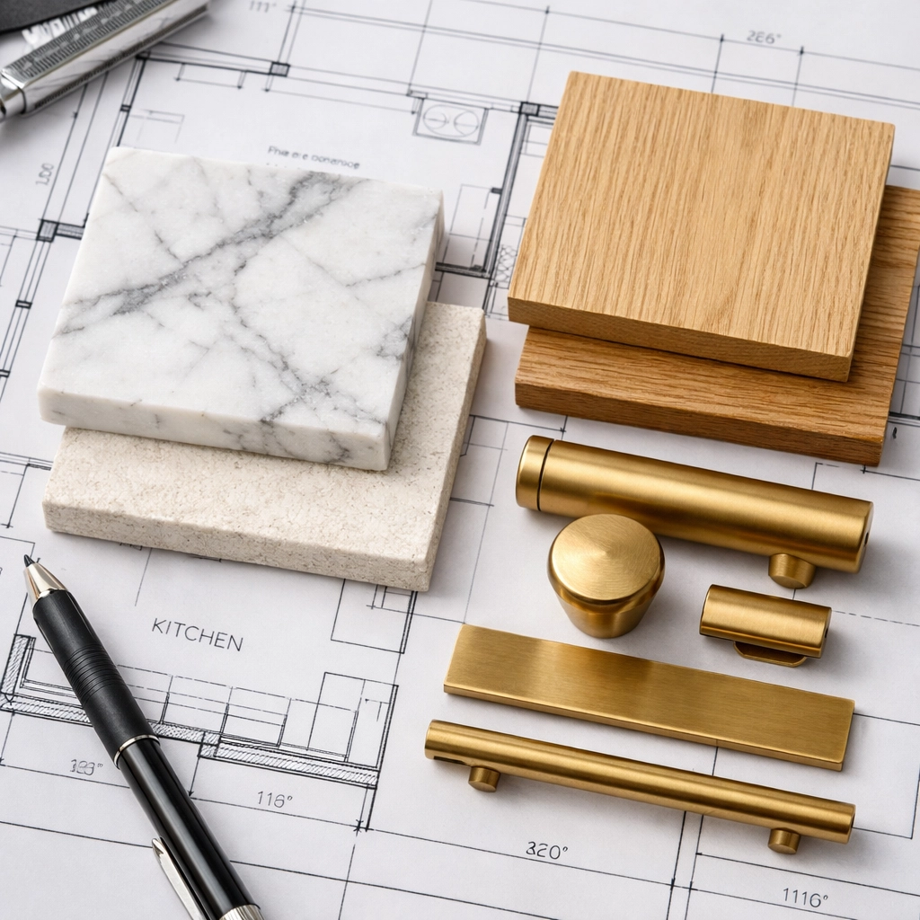 Professional renovation planning with high-quality material swatches and architectural blueprints for an Orlando home.