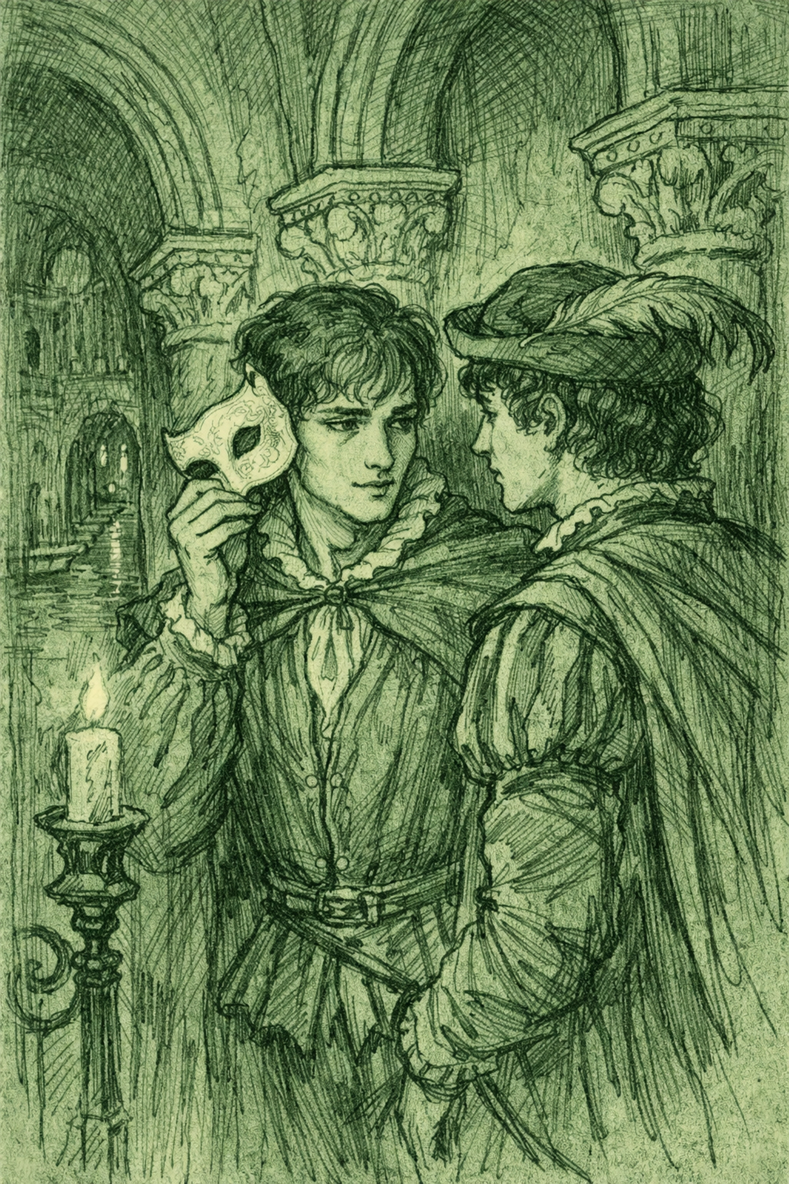 Man removes Venetian mask to reveal face in candlelit corridor, moment of trust and vulnerability