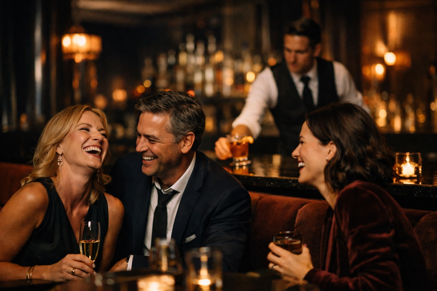 Guests enjoying a luxury event with seamless, professional bartending service in the background.